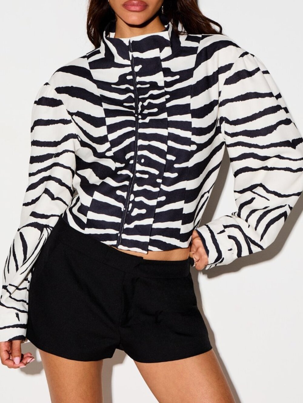 Black and White Casual Women's Zebra Funnel Neck Cropped Jacket Long Sleeve Zip